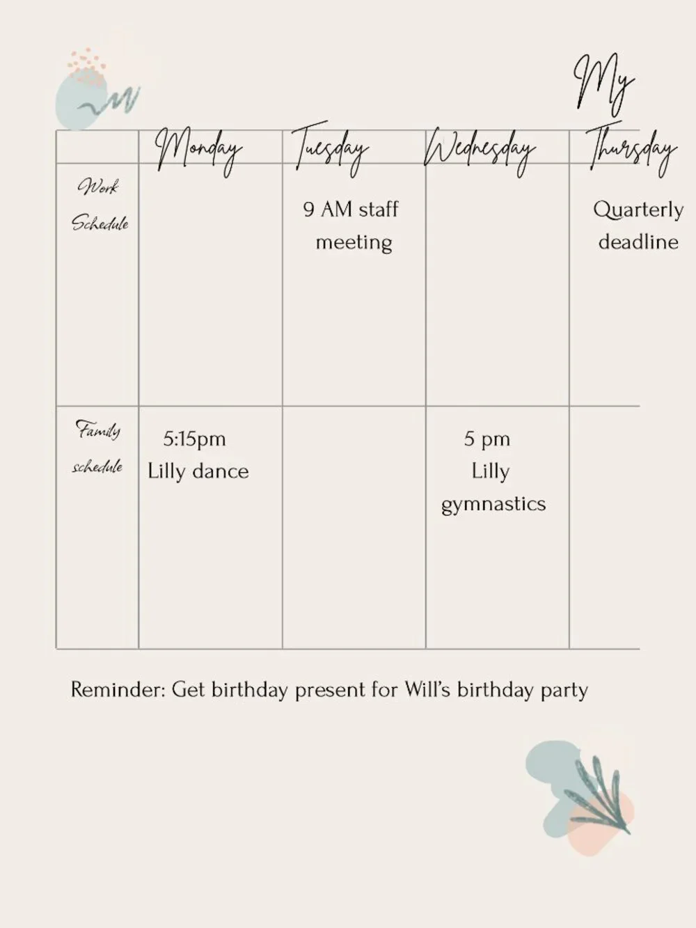 A working mom's weekly planner